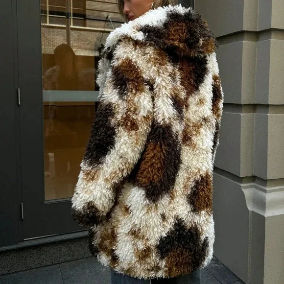 Multicolor Casual Womens Tie-Dye Print Thick Loose Fit Long Fluffy Winter Jacket - Picture 2 of 8